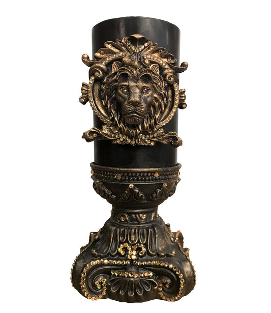 Decorative Candle 4X9 With Jeweled Lion Head On 4X6 Base Candle/Base Combination