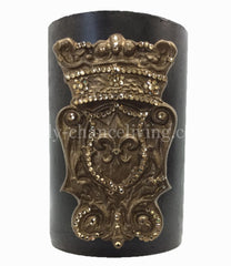 Triple_scented_decorative__brown_candle-roasted_chestnut-6x9-gold_jeweled_fleur_de_lis_shield-sir_olivers-reilly_chance_collection_grande