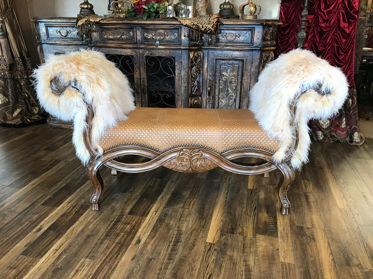 Upholstered Leather and Alpaca Bench