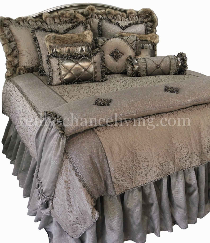 Designer_bedding-over_sized_bedding-Versailles_Luxury-bedding-gray_damask-metallic_linen-faux_fur-beads-reilly_chance_collection